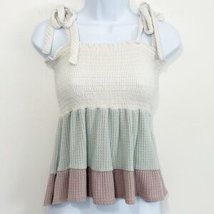 ALTAR’D STATE Colorblock Smocked Waffle Knit Tie Shoulder Babydoll Top Small